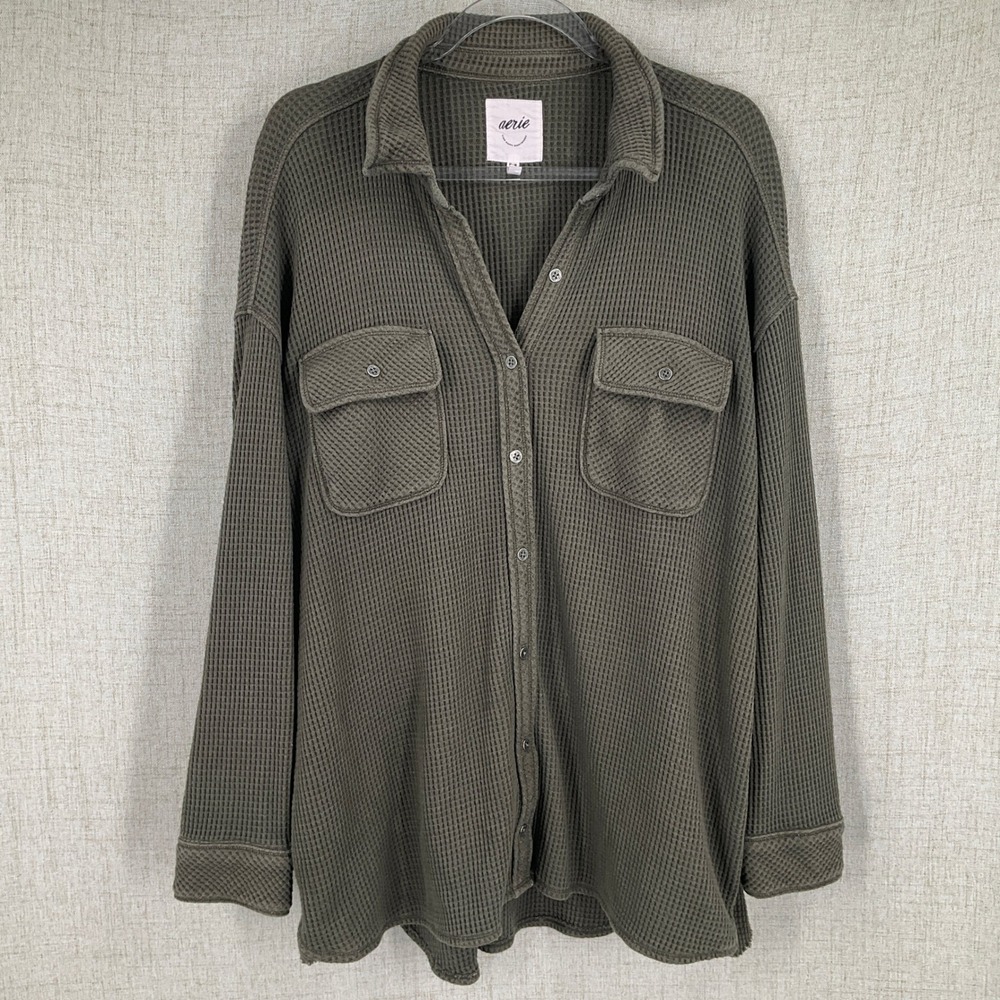 Aerie Waffle Knit Shirt Women Medium Olive Green Cotton Oversized Button Up Boho